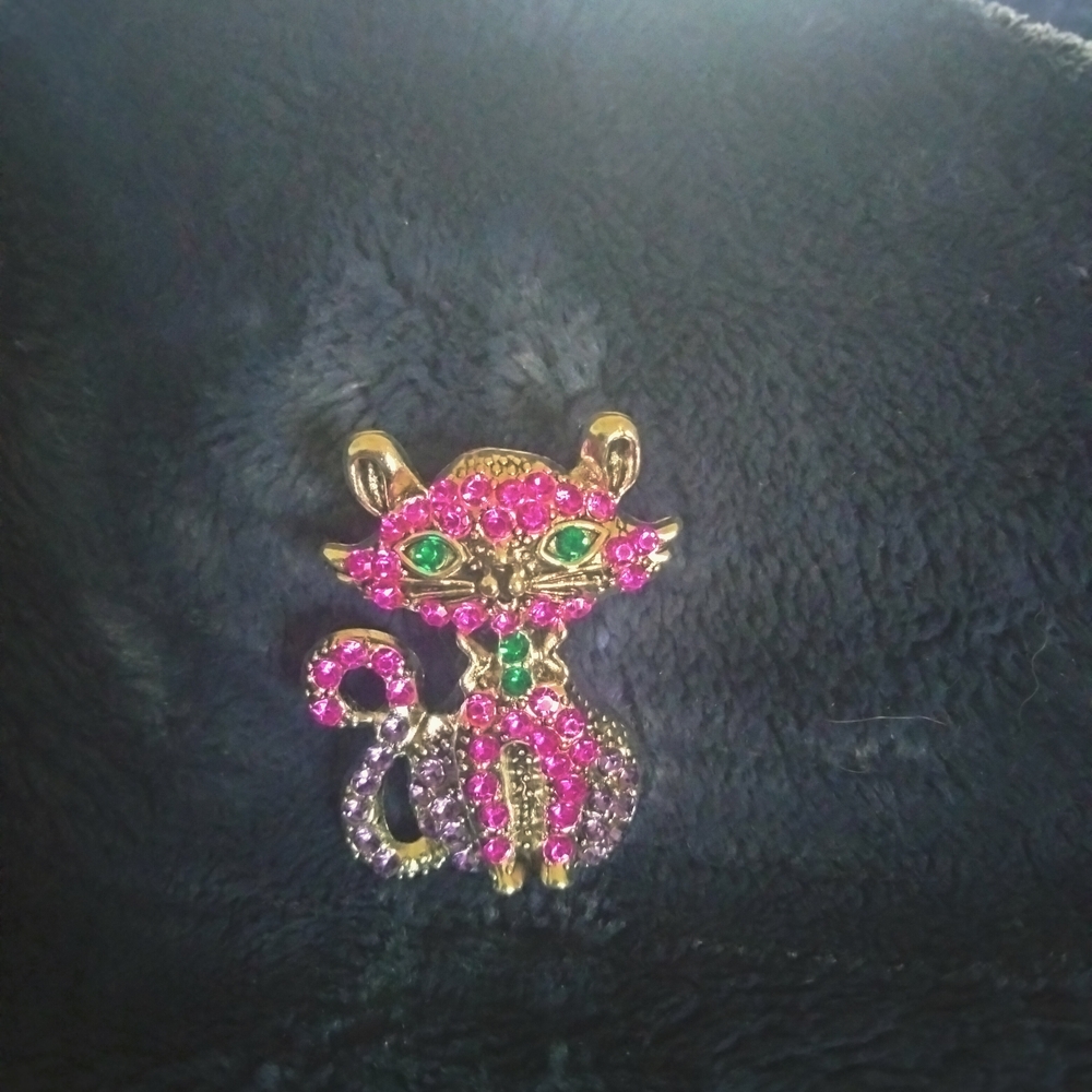 Pink and Green Rhinestone Cat Brooch